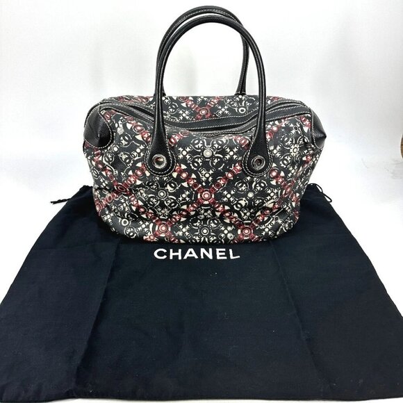 CHANEL CC Mark Hand Bag Duffle Bag Leather/PVC Black/Red x WhiteBased